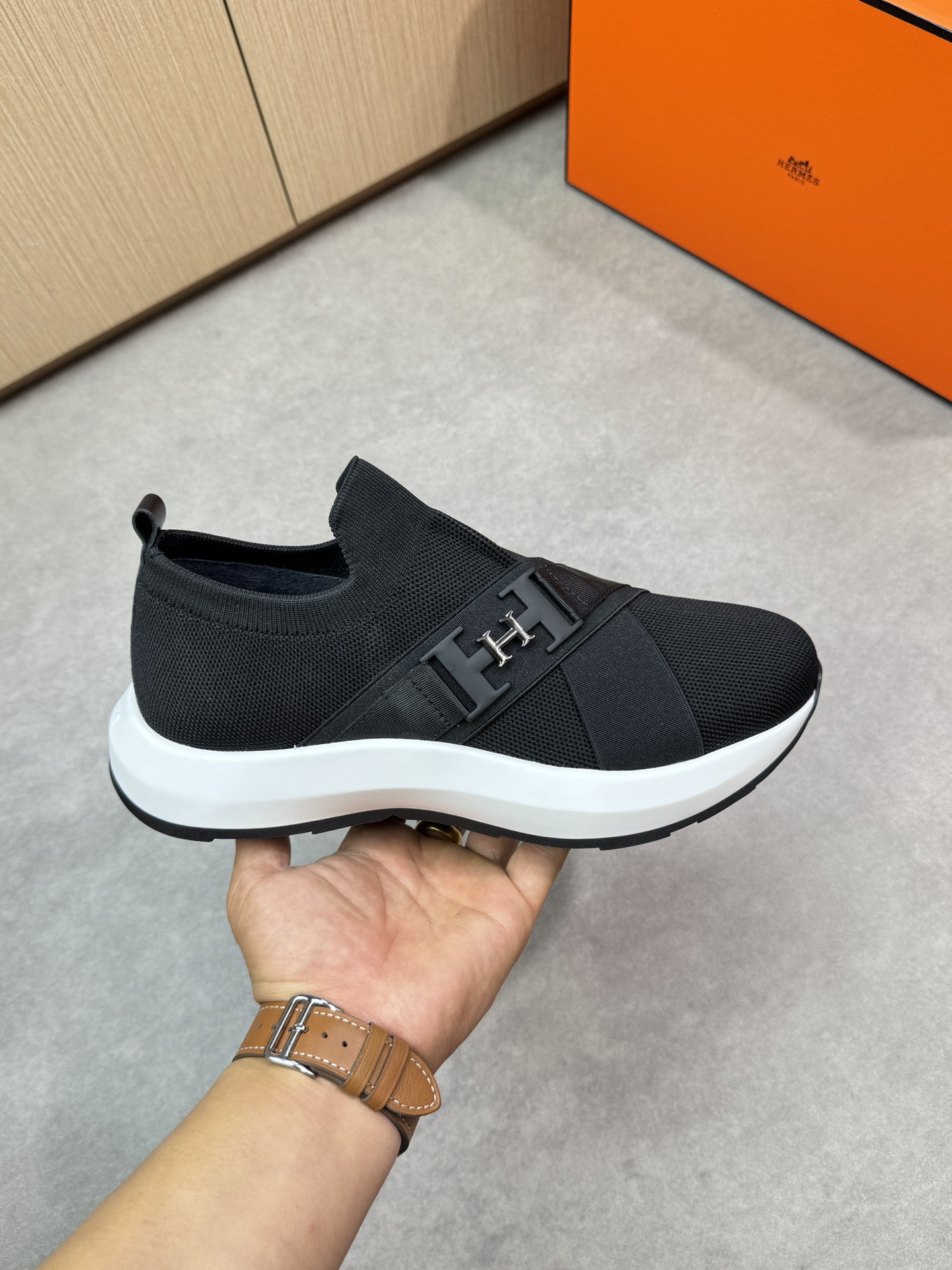 Hermes Women's Black Knit Slip-On Sneakers with Leather and Metal Accents 5 i1746467966 3366 3