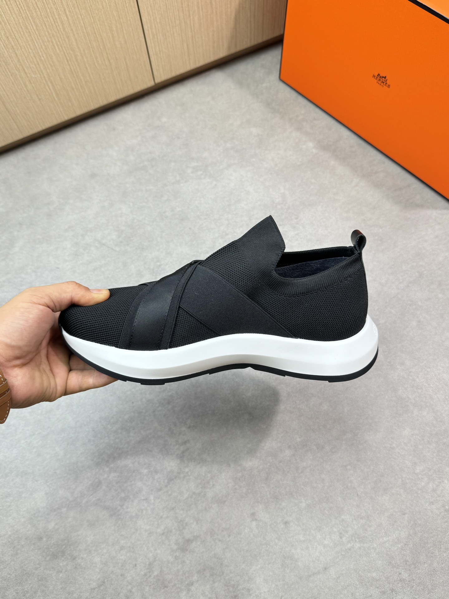 Hermes Women's Black Knit Slip-On Sneakers with Leather and Metal Accents 6 i1746467966 7137 4