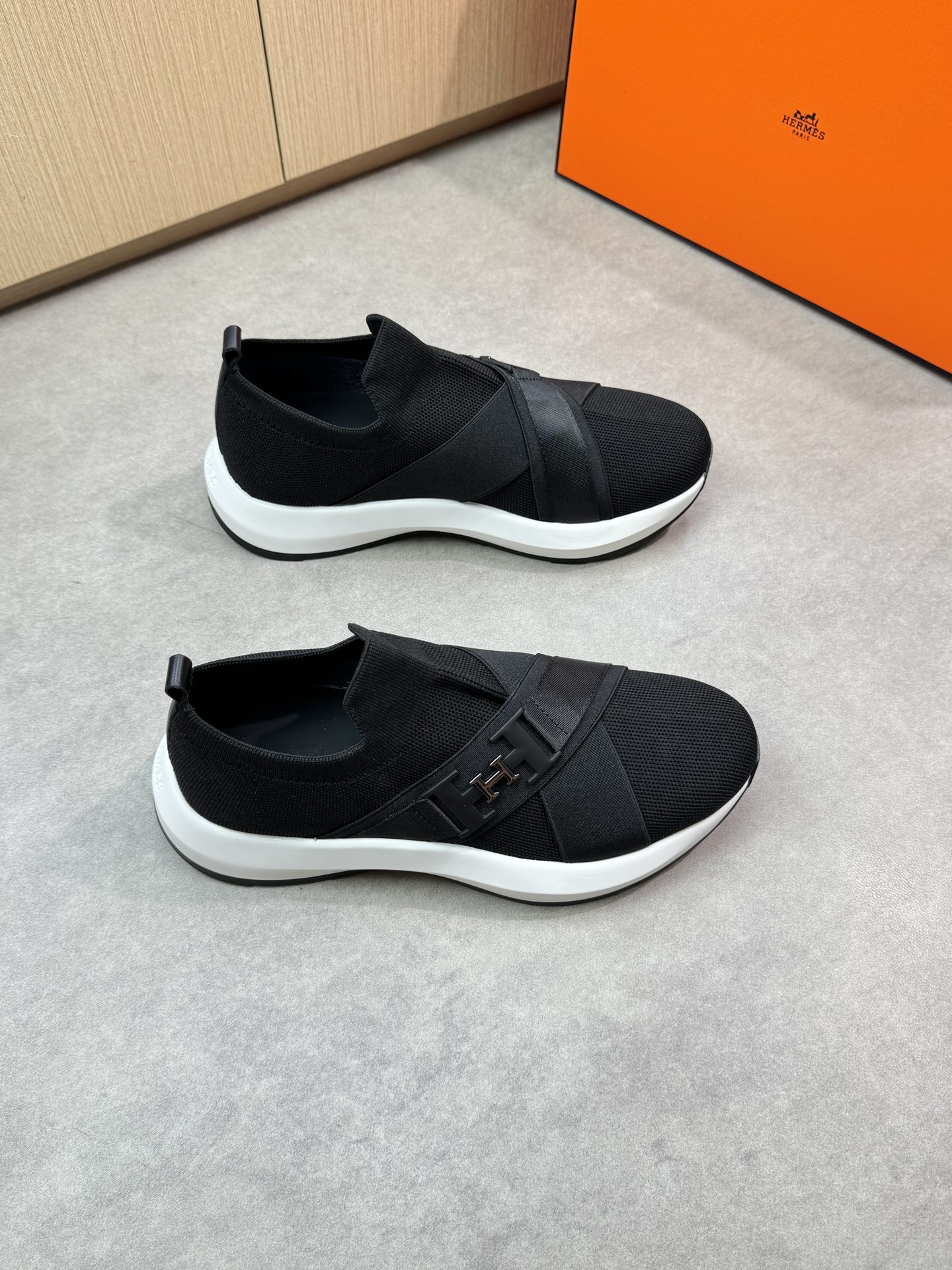 Hermes Women's Black Knit Slip-On Sneakers with Leather and Metal Accents