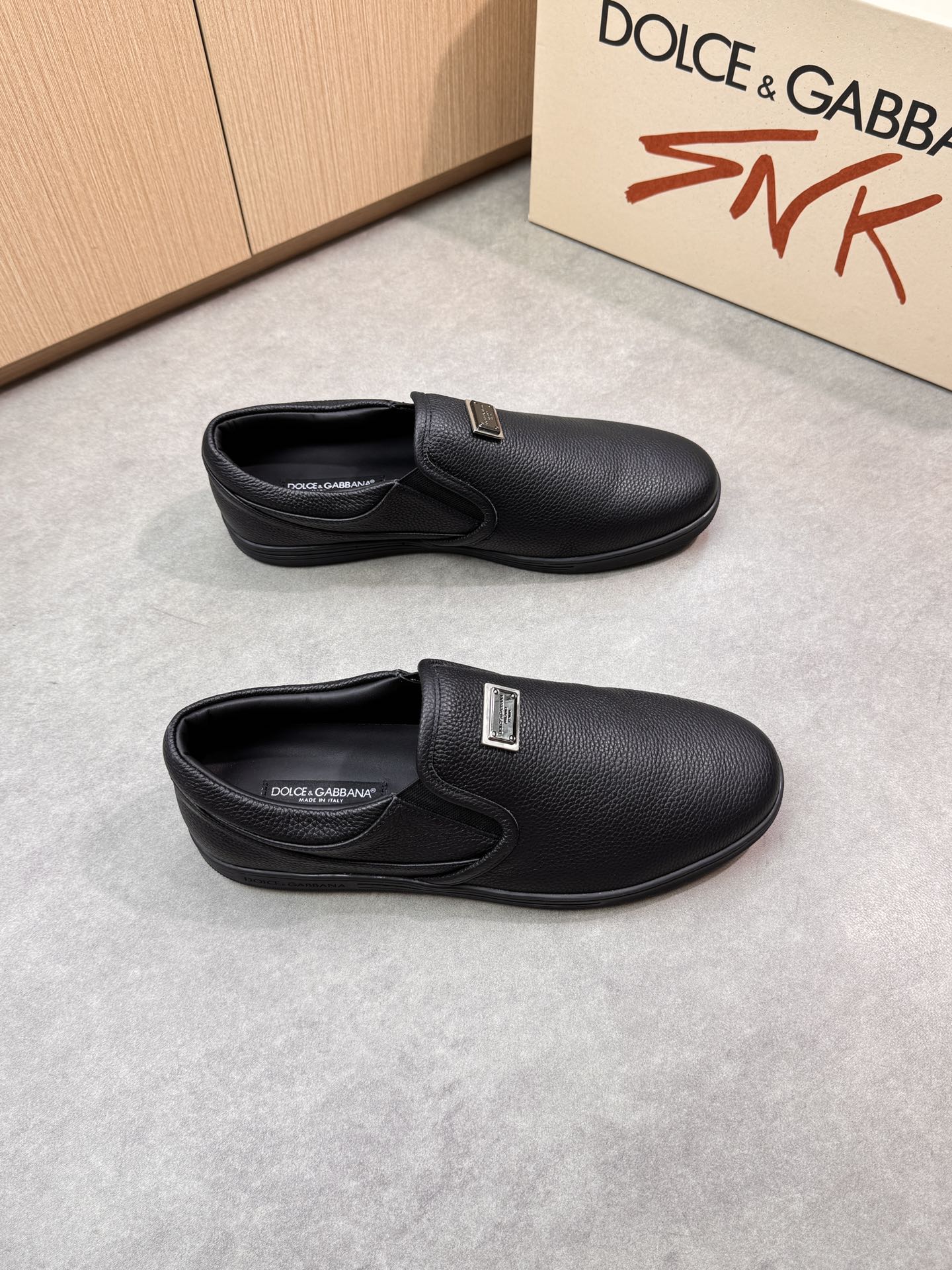 Dolce&Gabbana Men's Leather Slip-On Sneakers with Metal Logo Detail 1 Dolce&Gabbana Men's Leather Slip-On Sneakers with Metal Logo Detail