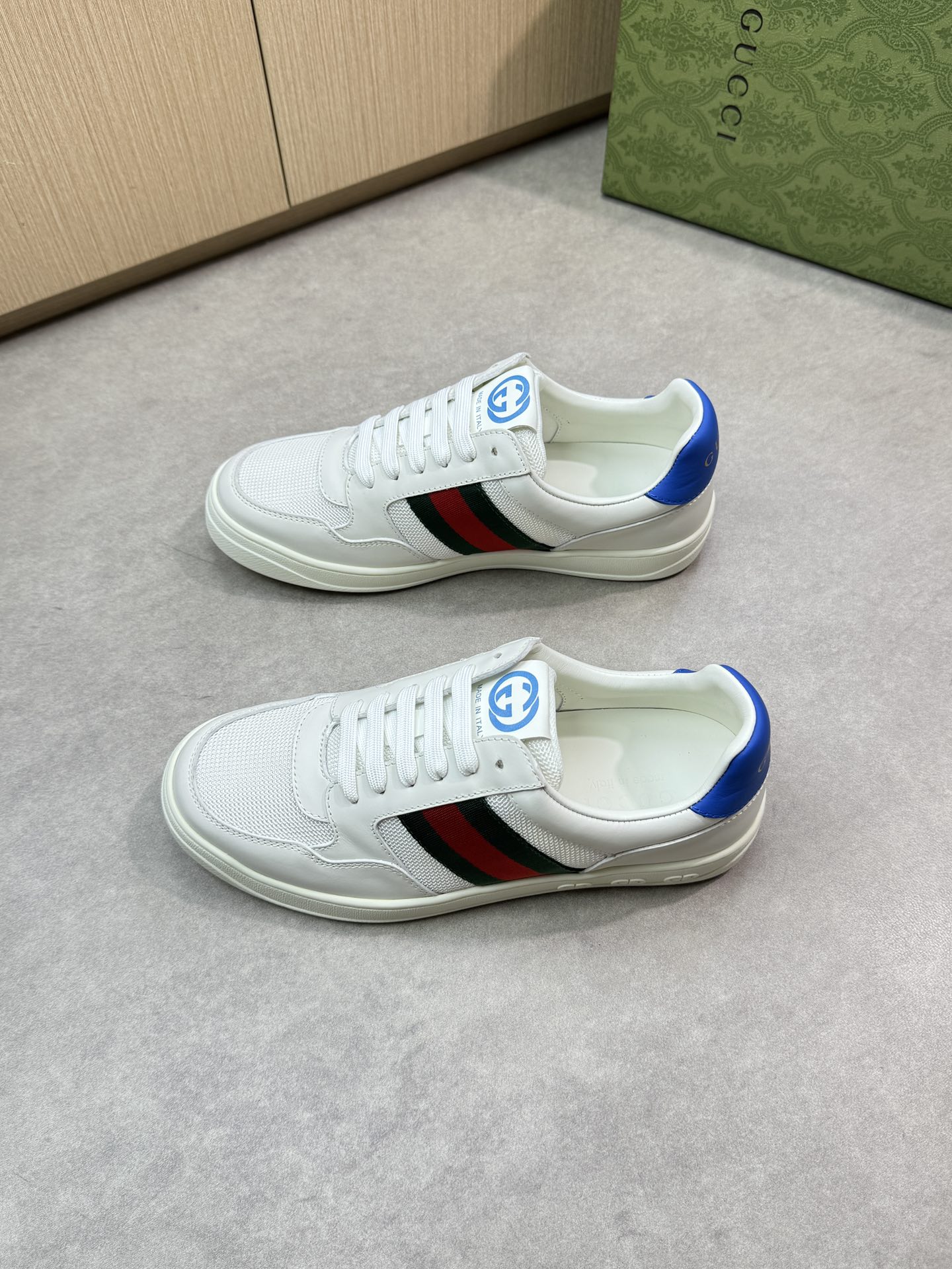 Gucci Men's Leather & Canvas Sneakers with Web Stripe - White/Blue Trim 4 i1746726187 1076 2