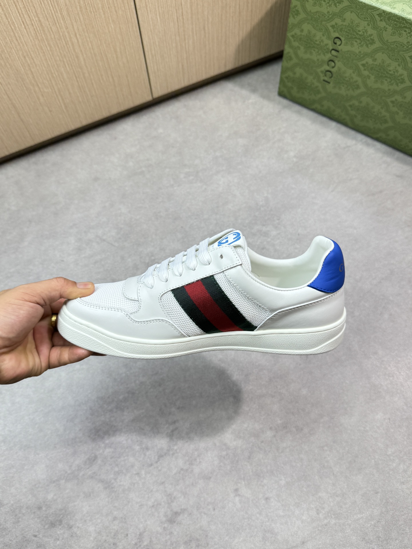 Gucci Men's Leather & Canvas Sneakers with Web Stripe - White/Blue Trim 6 i1746726187 396 4