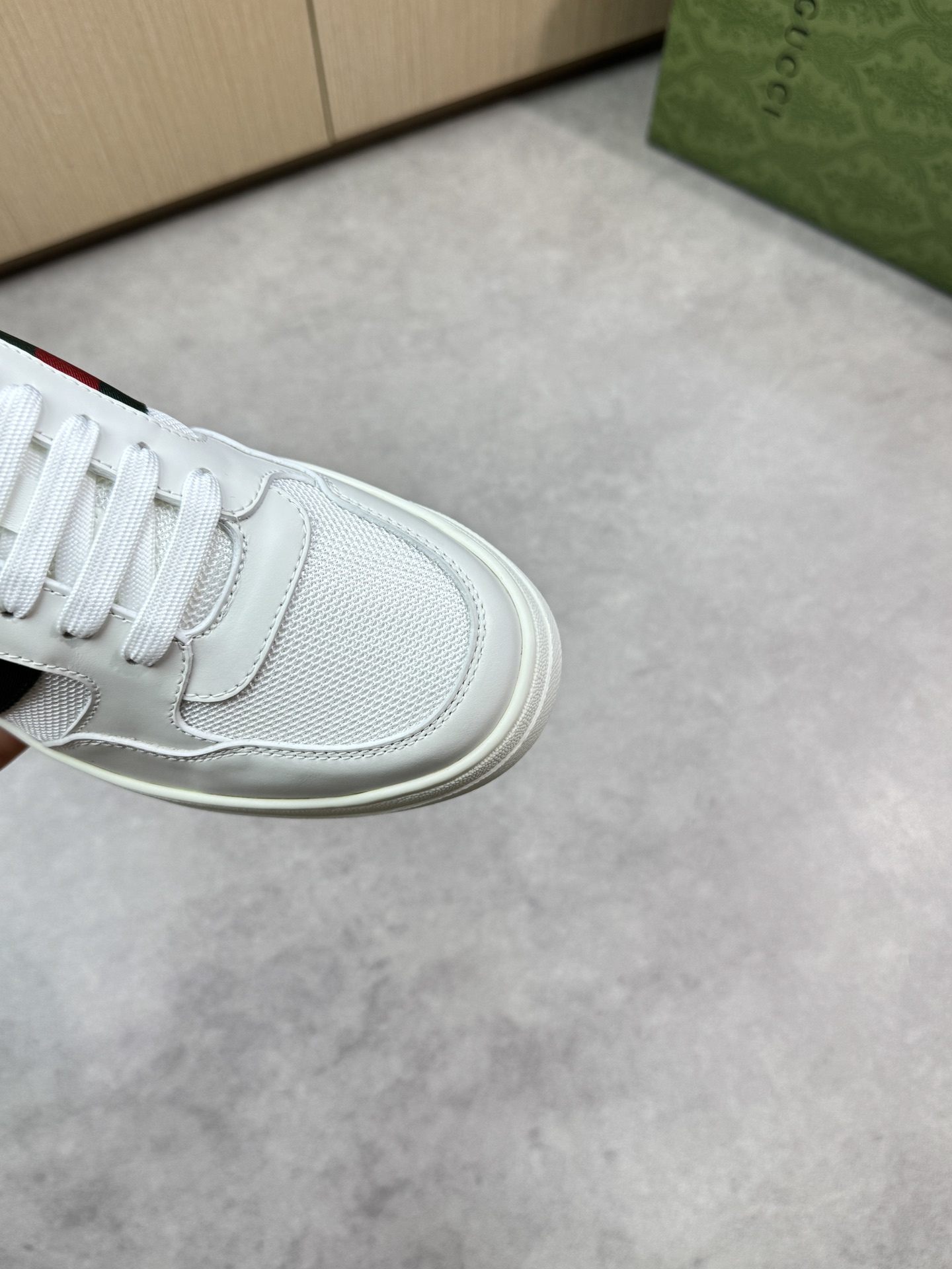 Gucci Men's Leather & Canvas Sneakers with Web Stripe - White/Blue Trim 7 i1746726187 5663 5