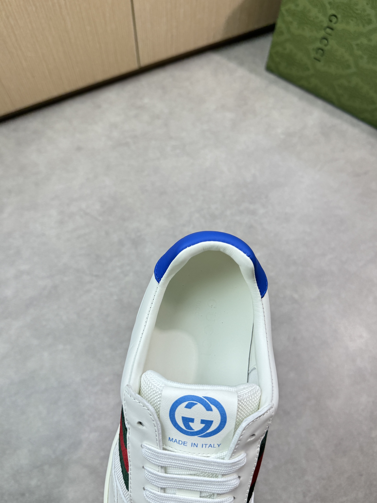 Gucci Men's Leather & Canvas Sneakers with Web Stripe - White/Blue Trim 8 i1746726187 7003 6