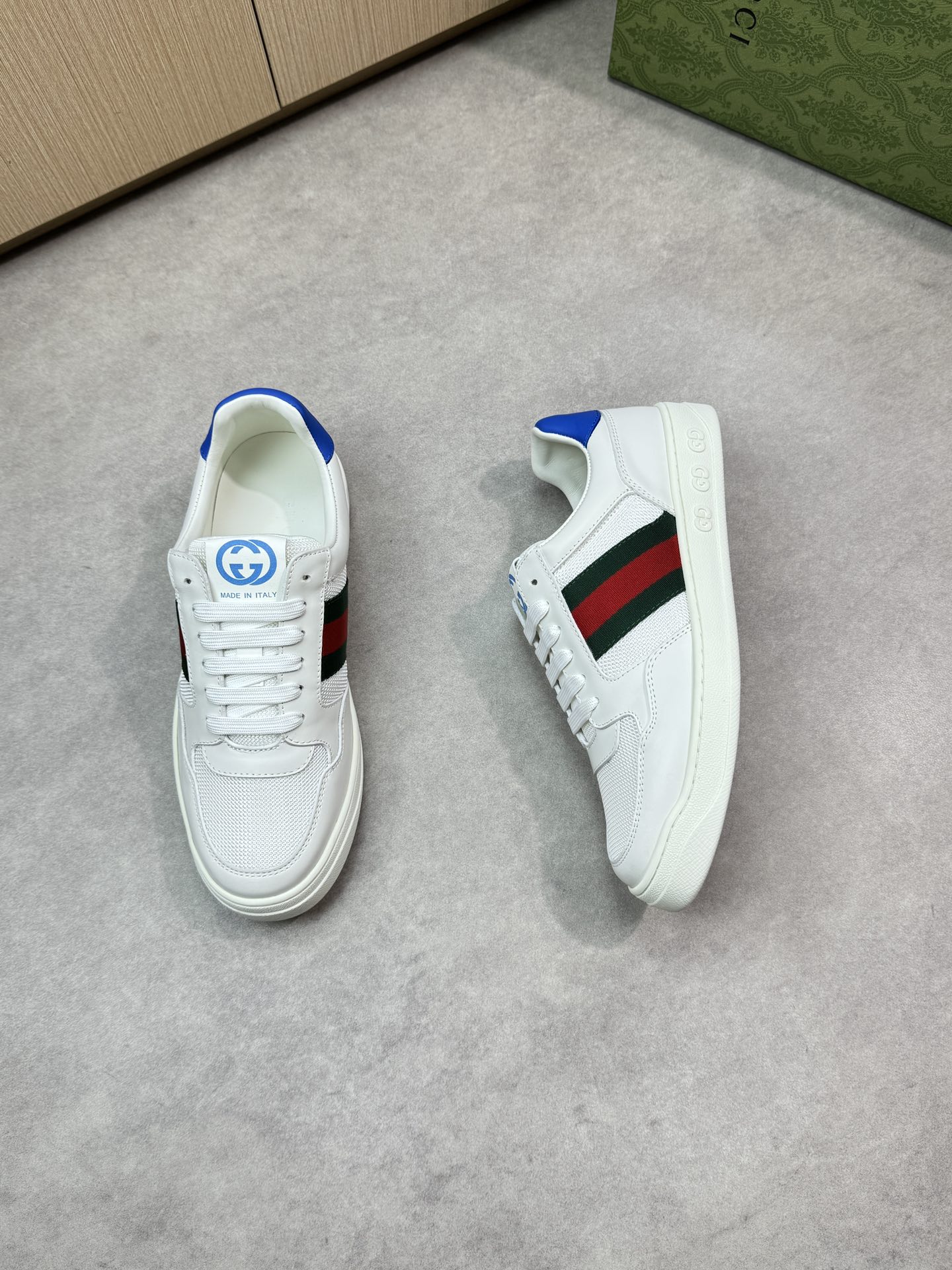 Gucci Men's Leather & Canvas Sneakers with Web Stripe - White/Blue Trim 3 i1746726187 7181 1