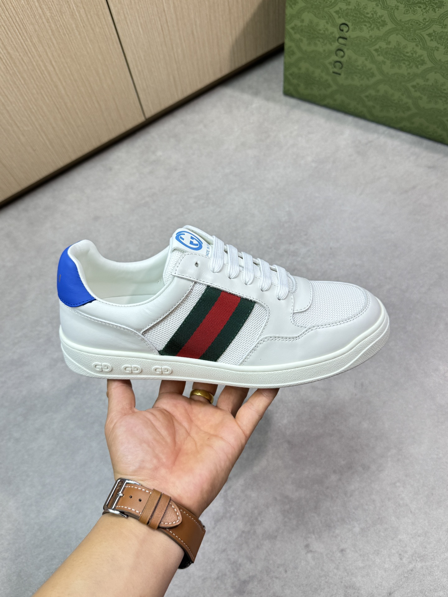 Gucci Men's Leather & Canvas Sneakers with Web Stripe - White/Blue Trim 5 i1746726187 8293 3
