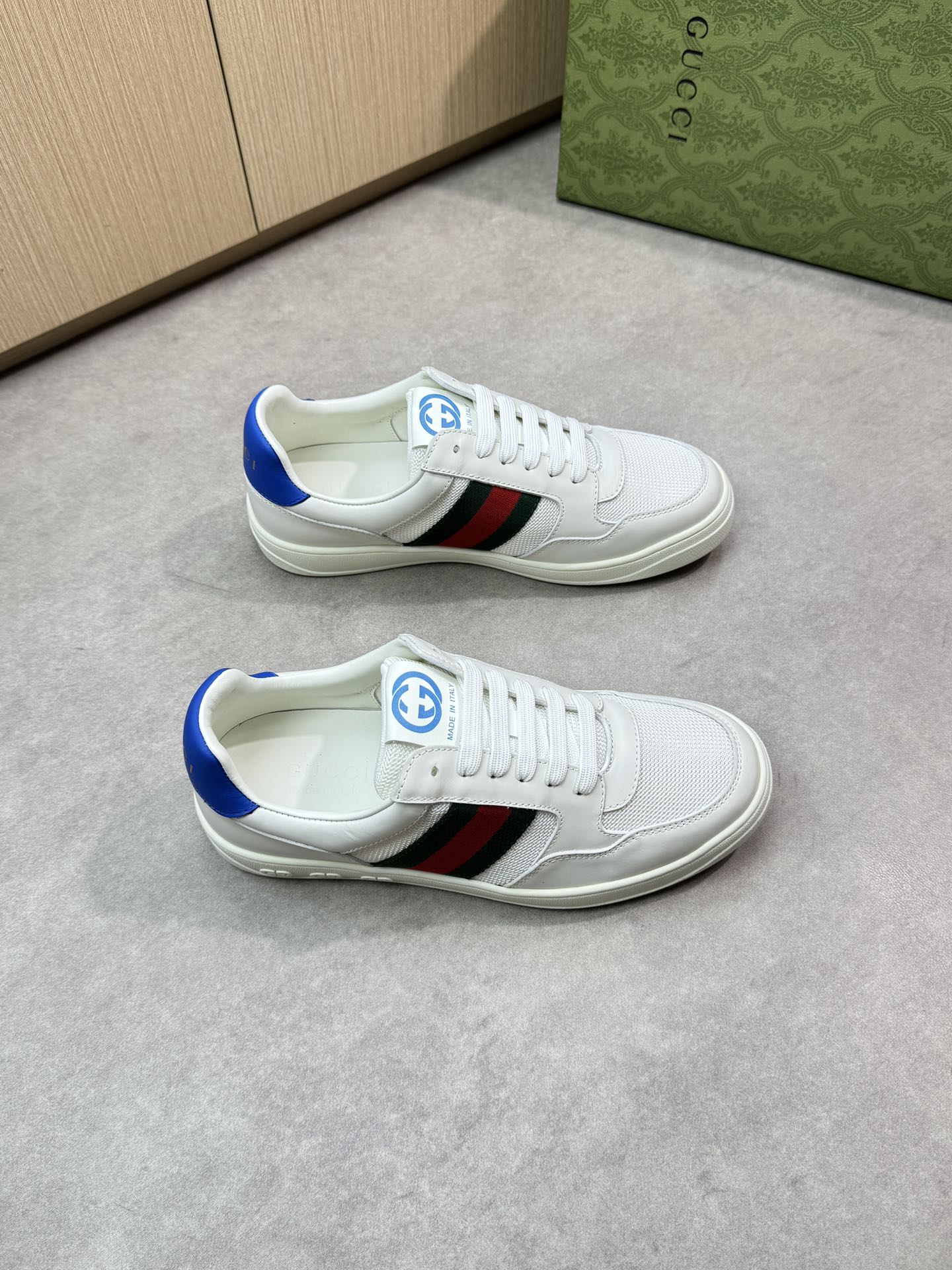 Gucci Men's Leather & Canvas Sneakers with Web Stripe - White/Blue Trim 1 Gucci Men's Leather & Canvas Sneakers with Web Stripe - White/Blue Trim