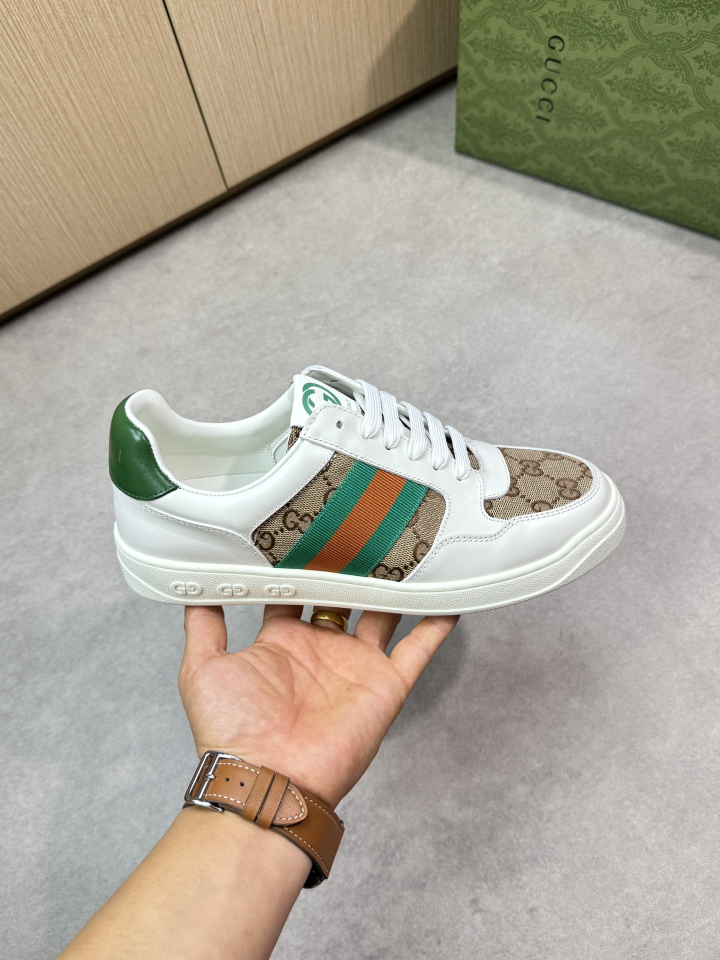Gucci Men's Screener Leather Sneaker with Signature Web and Logo, White 5 i1746726299 3089 3