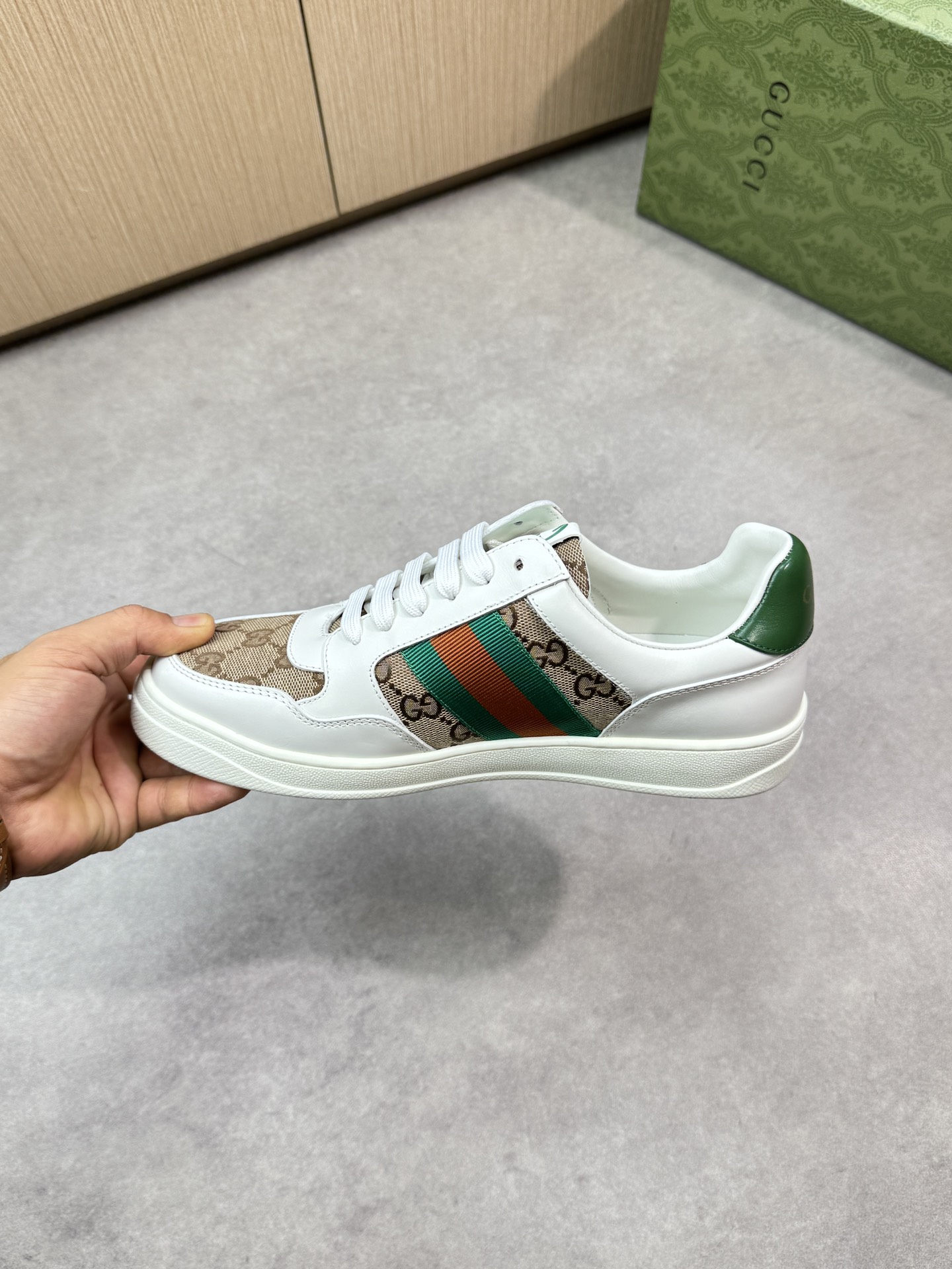 Gucci Men's Screener Leather Sneaker with Signature Web and Logo, White 6 i1746726299 9118 4