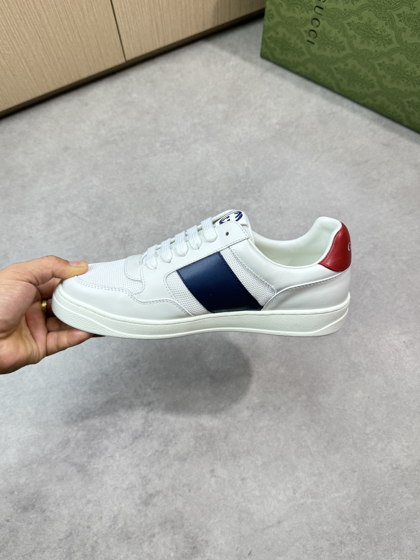 Gucci Men's Leather Sneaker with Interlocking G - White with Navy Stripe 6 i1746726341 2008 4