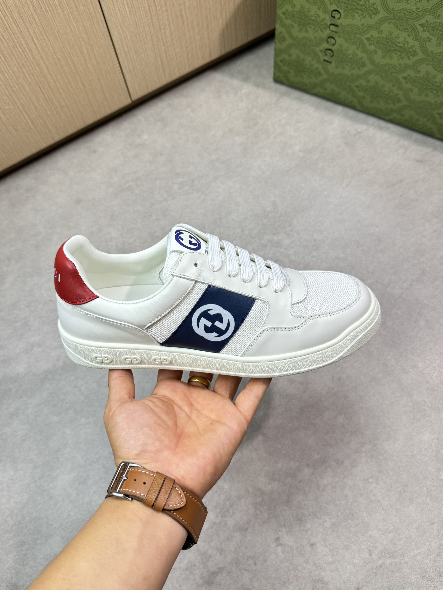 Gucci Men's Leather Sneaker with Interlocking G - White with Navy Stripe 5 i1746726341 6312 3