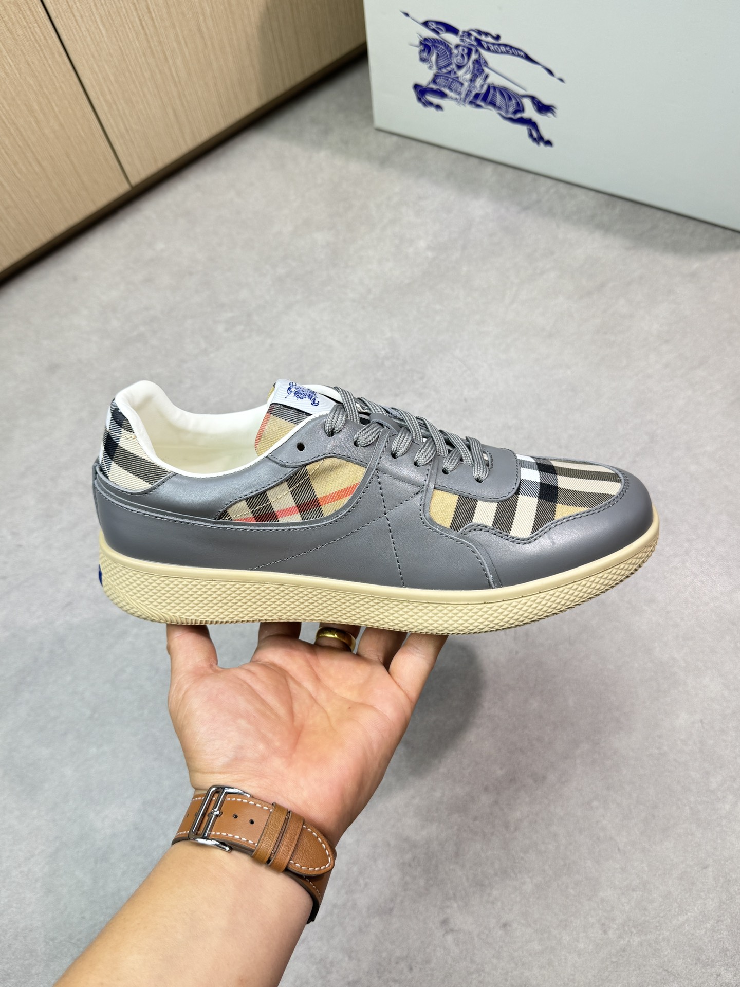 Burberry Men's Plaid Leather Trim Low-Top Sneakers, Gray, Sizes 38-44 5 i1746983004 6852 3