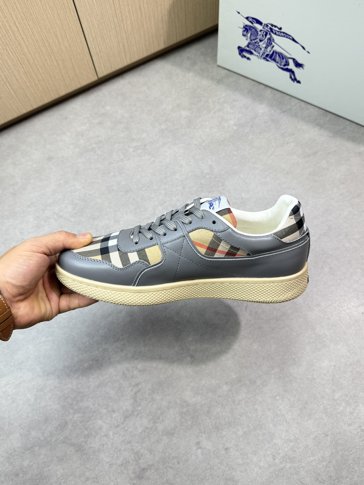 Burberry Men's Plaid Leather Trim Low-Top Sneakers, Gray, Sizes 38-44 6 i1746983004 743 4