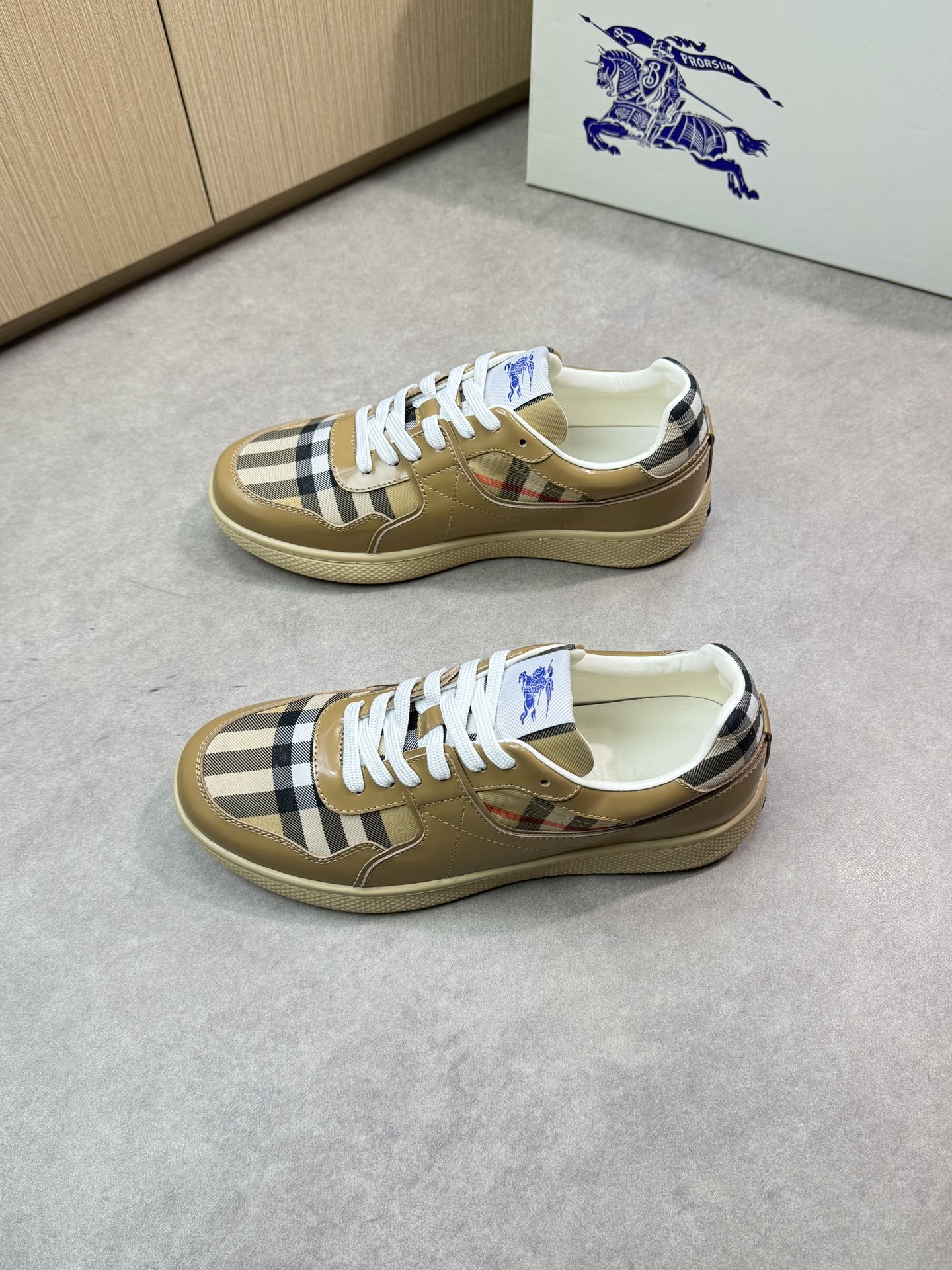 Burberry Men's Leather & Check Canvas Casual Sneakers, Beige, Size 38-44 4 i1746983724 4159 2