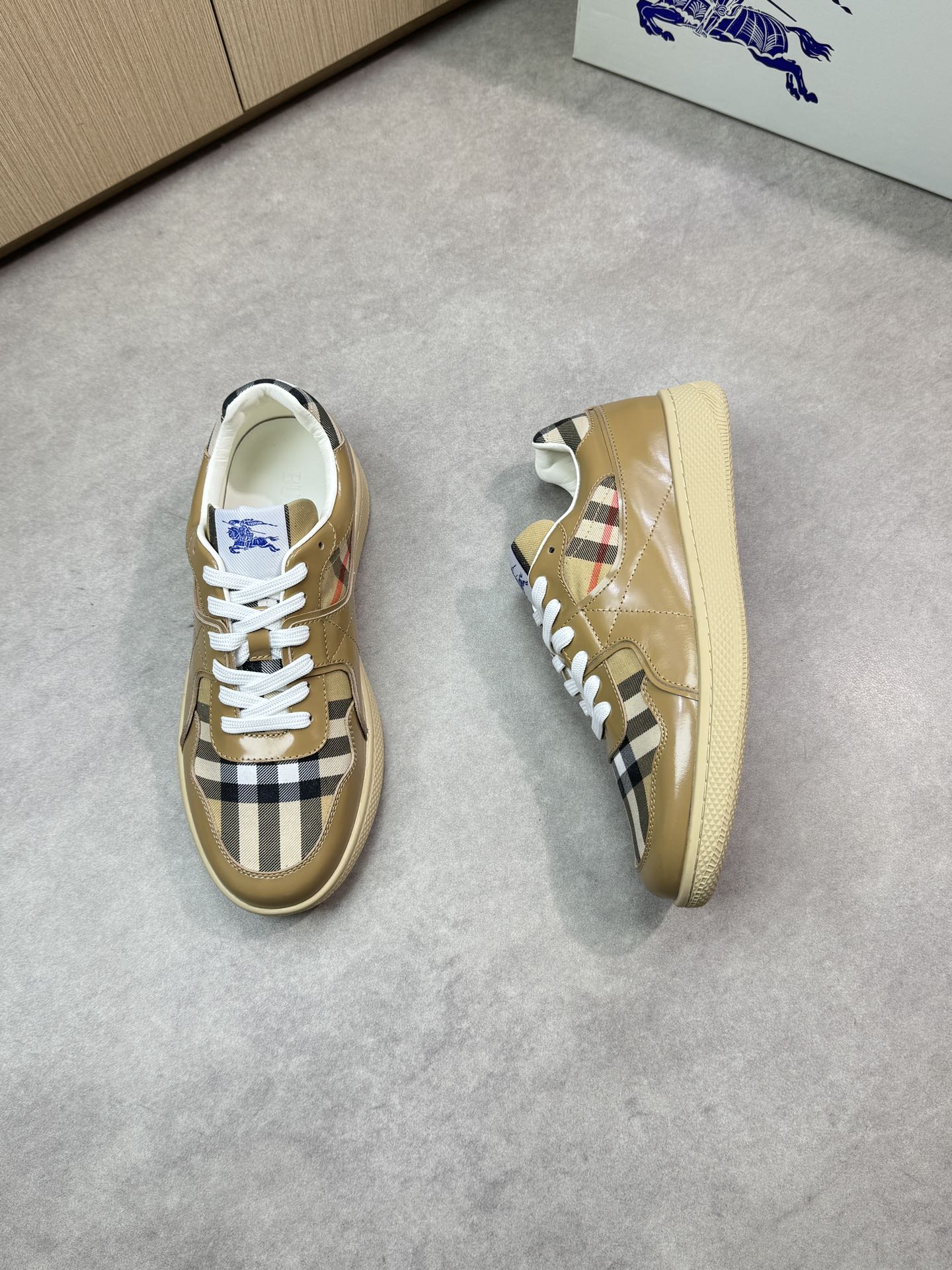 Burberry Men's Leather & Check Canvas Casual Sneakers, Beige, Size 38-44 3 i1746983724 5245 1