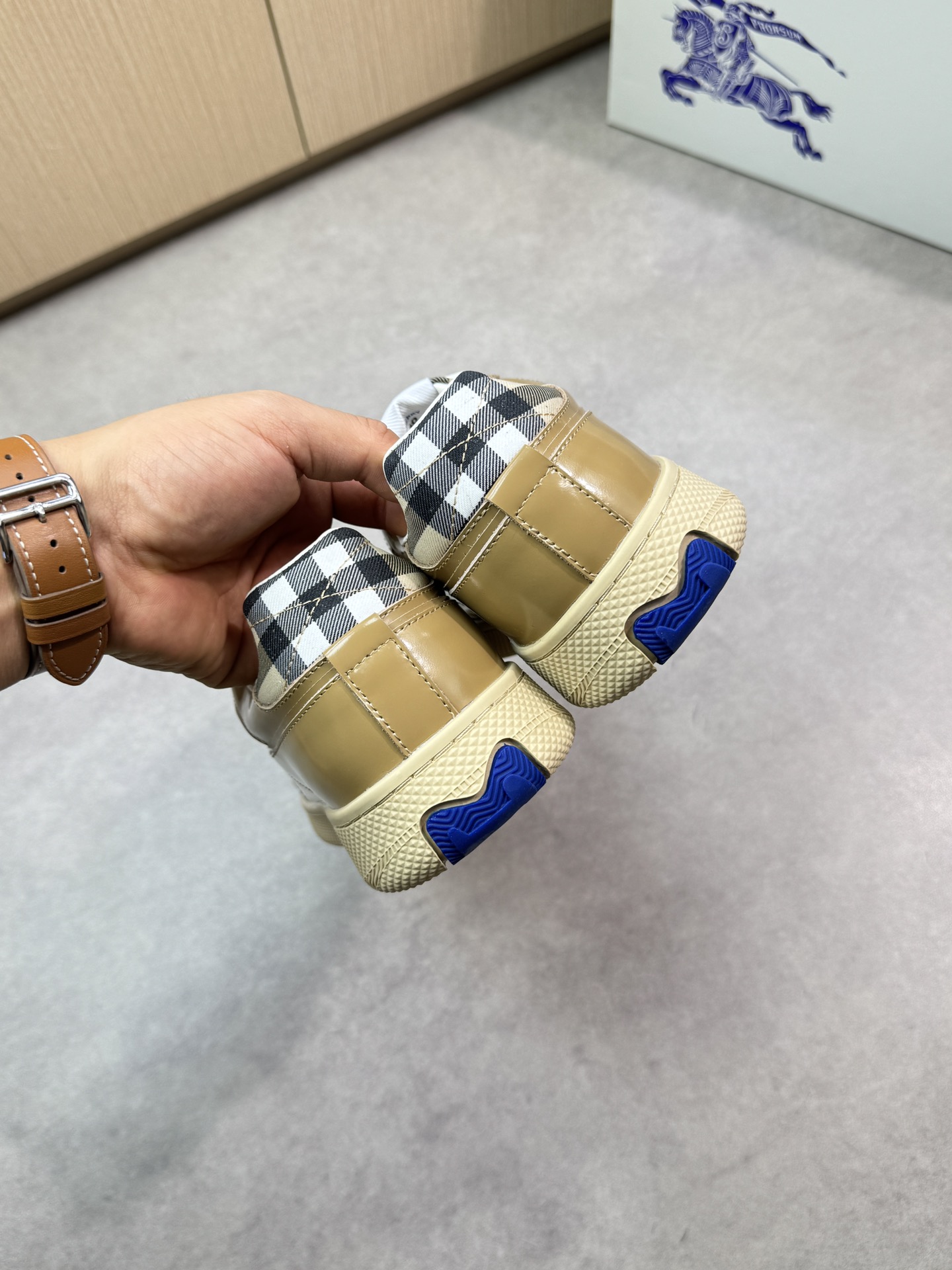 Burberry Men's Leather & Check Canvas Casual Sneakers, Beige, Size 38-44 9 i1746983724 6048 7