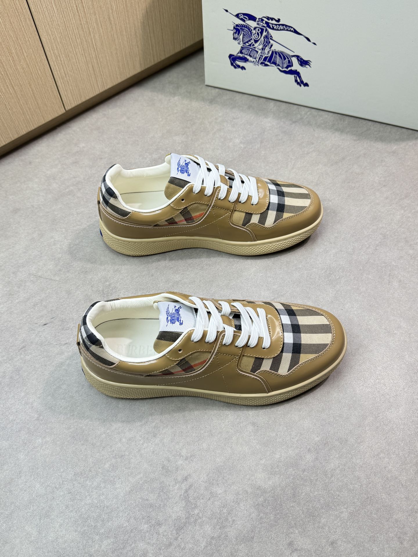 Burberry Men's Leather & Check Canvas Casual Sneakers, Beige, Size 38-44 2 i1746983724 7073 0