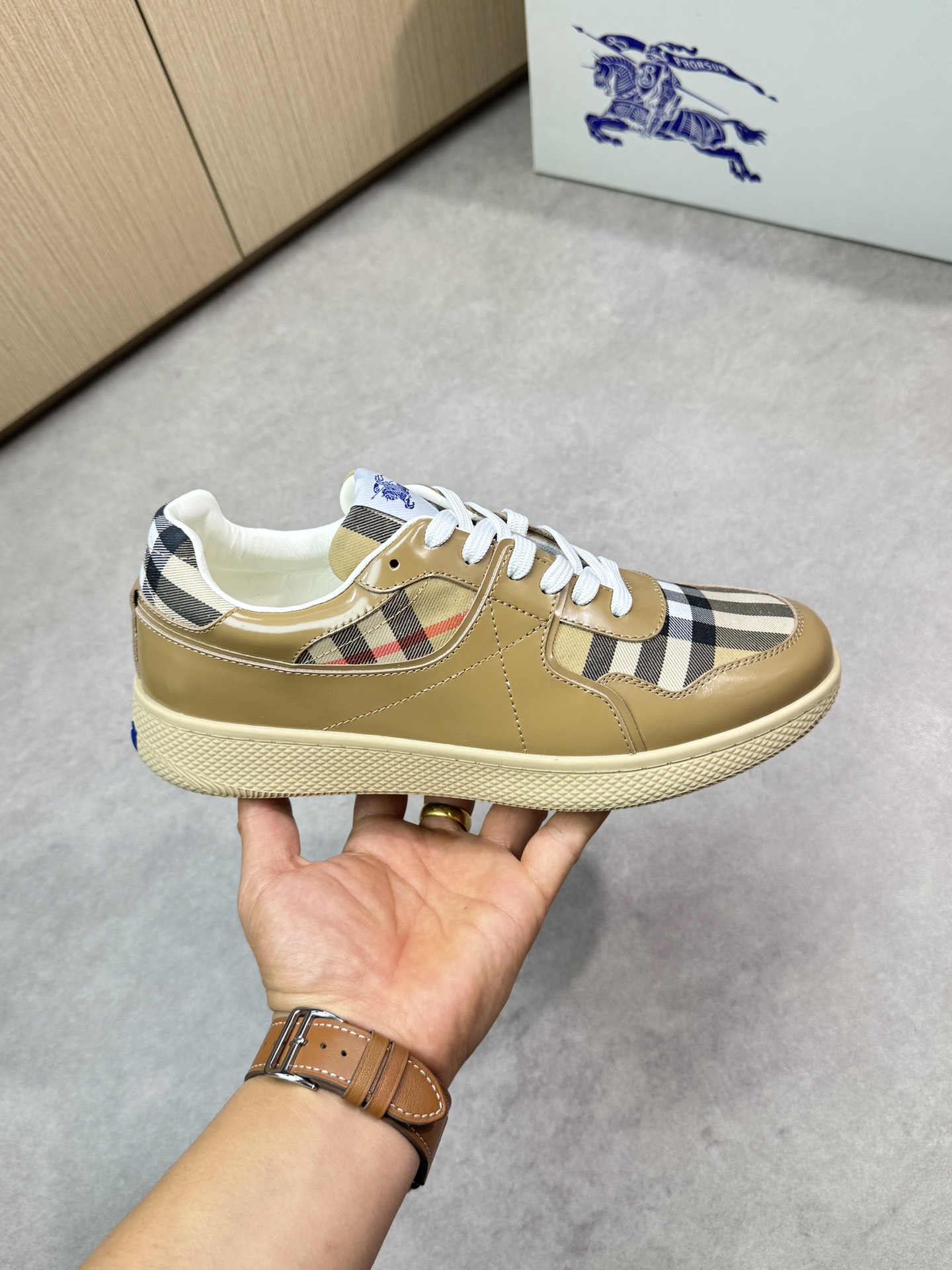 Burberry Men's Leather & Check Canvas Casual Sneakers, Beige, Size 38-44 5 i1746983724 7237 3