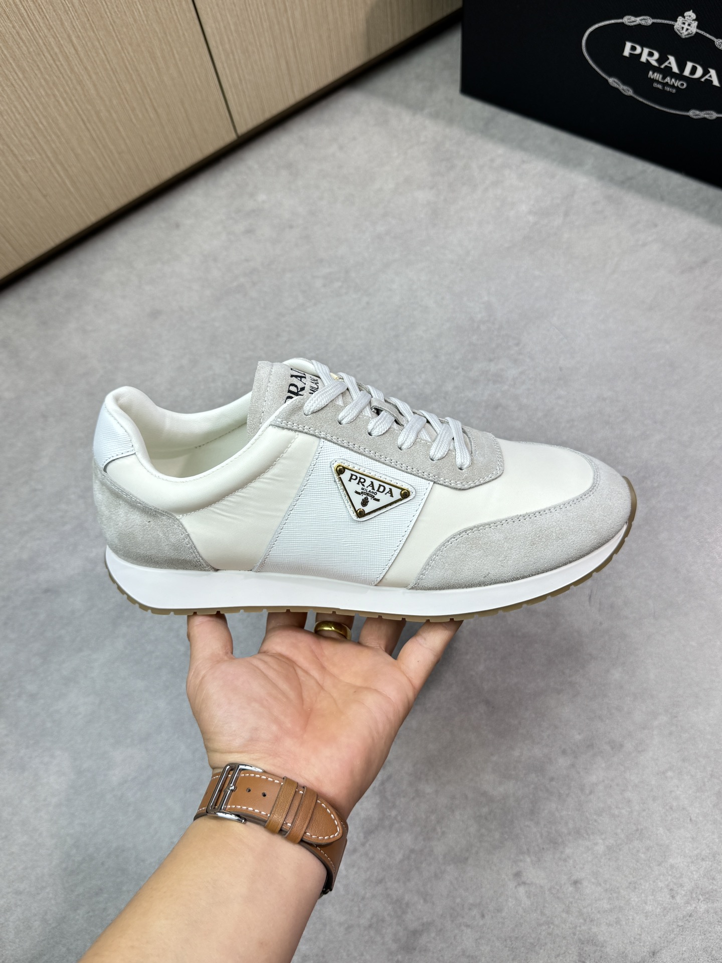 Prada Men's White Nappa Leather & Canvas Casual Sneakers 5 i1746984138 3007 3