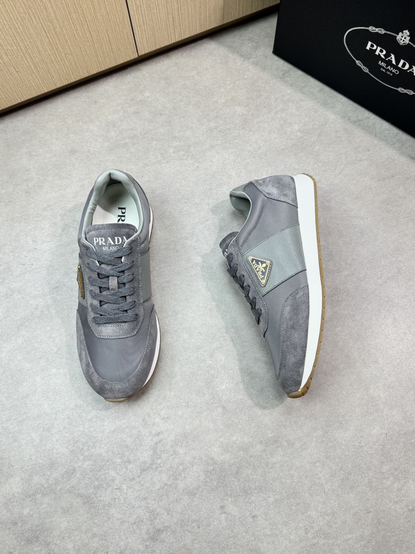Prada Men's Gray Leather & Suede Lace-Up Sneakers, Sizes 38-44 3 i1746984234 8555 1