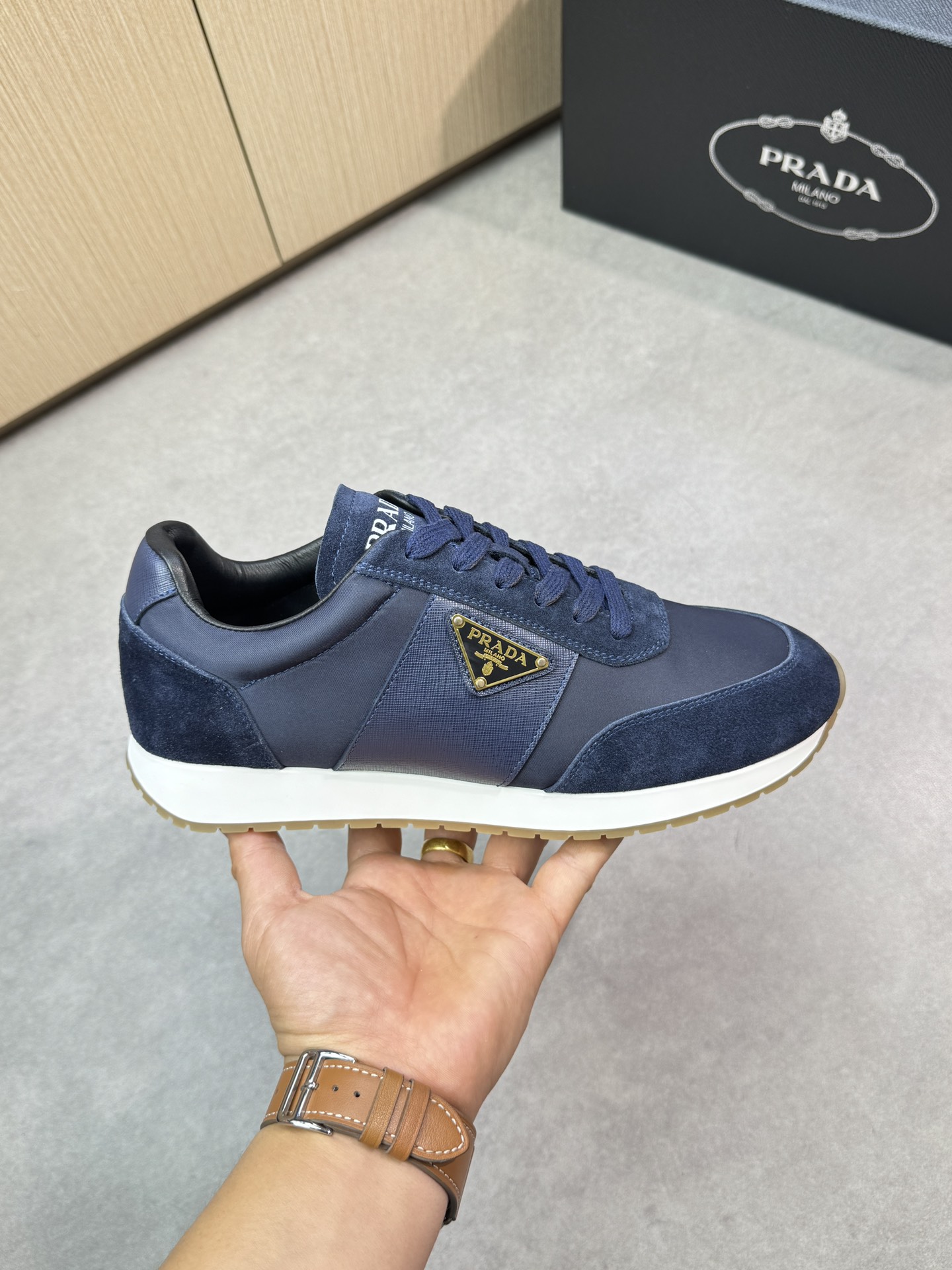 Prada Men's Blue Nappa Leather & Canvas Lightweight Runner Sneakers 5 i1746984287 8762 3