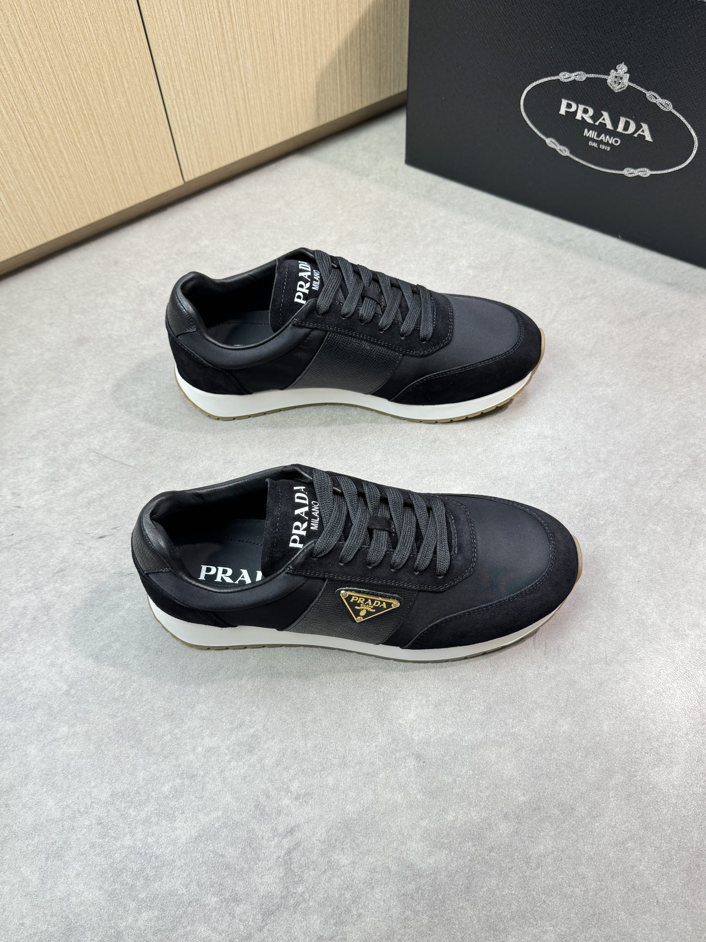 Prada Men's Black Leather and Canvas Low-Top Sneakers, Size 38-44 2 i1746984300 7937 0