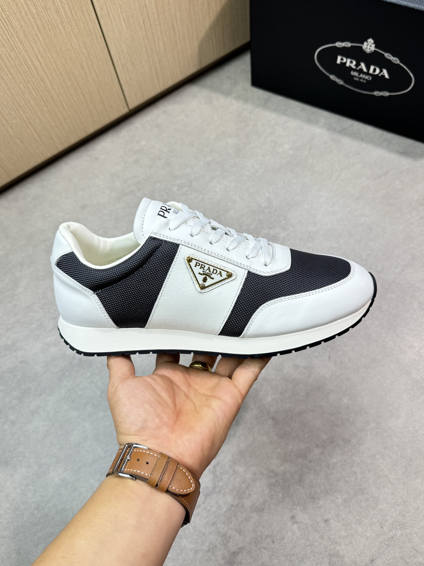 Prada Men's Nappa Leather & Fabric Sneakers - Black & White, Size 38-44 5 i1746984674 5767 3