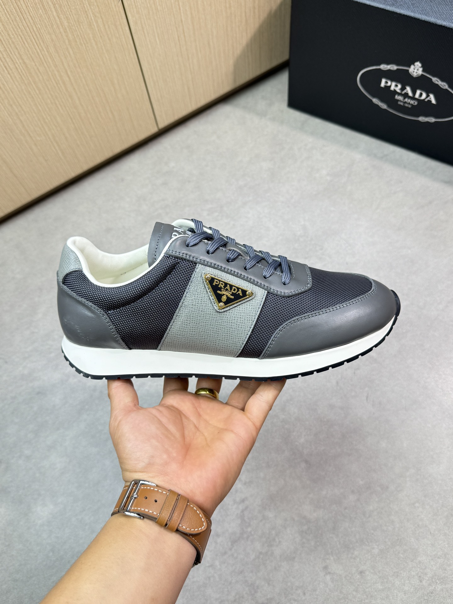 Prada Men's Nappa Leather & Canvas Casual Sneakers - Gray/Black 5 i1746984691 5516 3