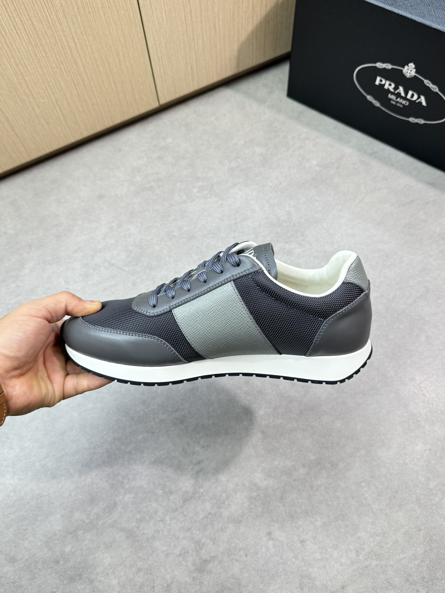 Prada Men's Nappa Leather & Canvas Casual Sneakers - Gray/Black 6 i1746984691 7321 4