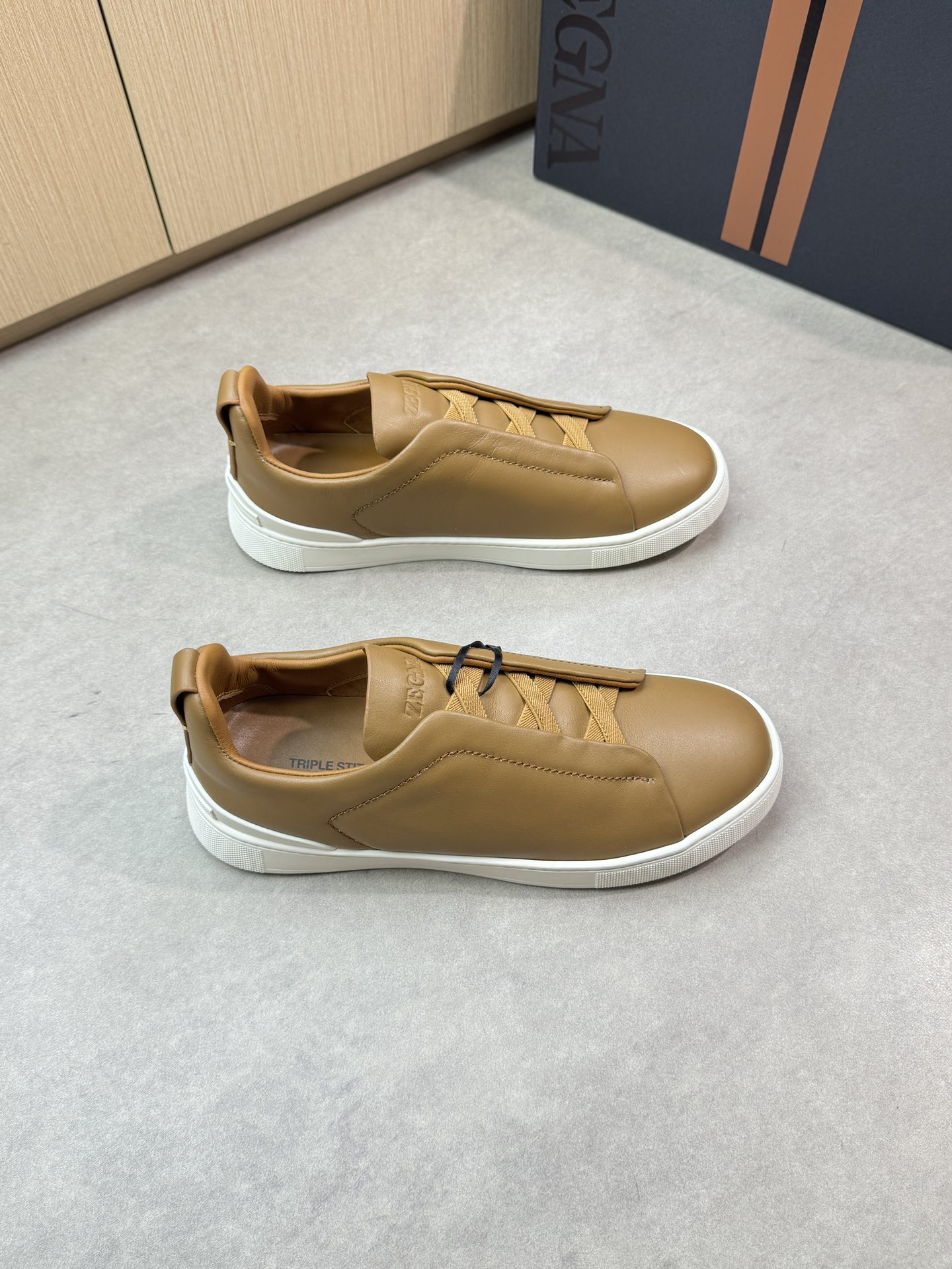 Zegna Brown Leather Triple Stitch Slip-On Sneakers for Men