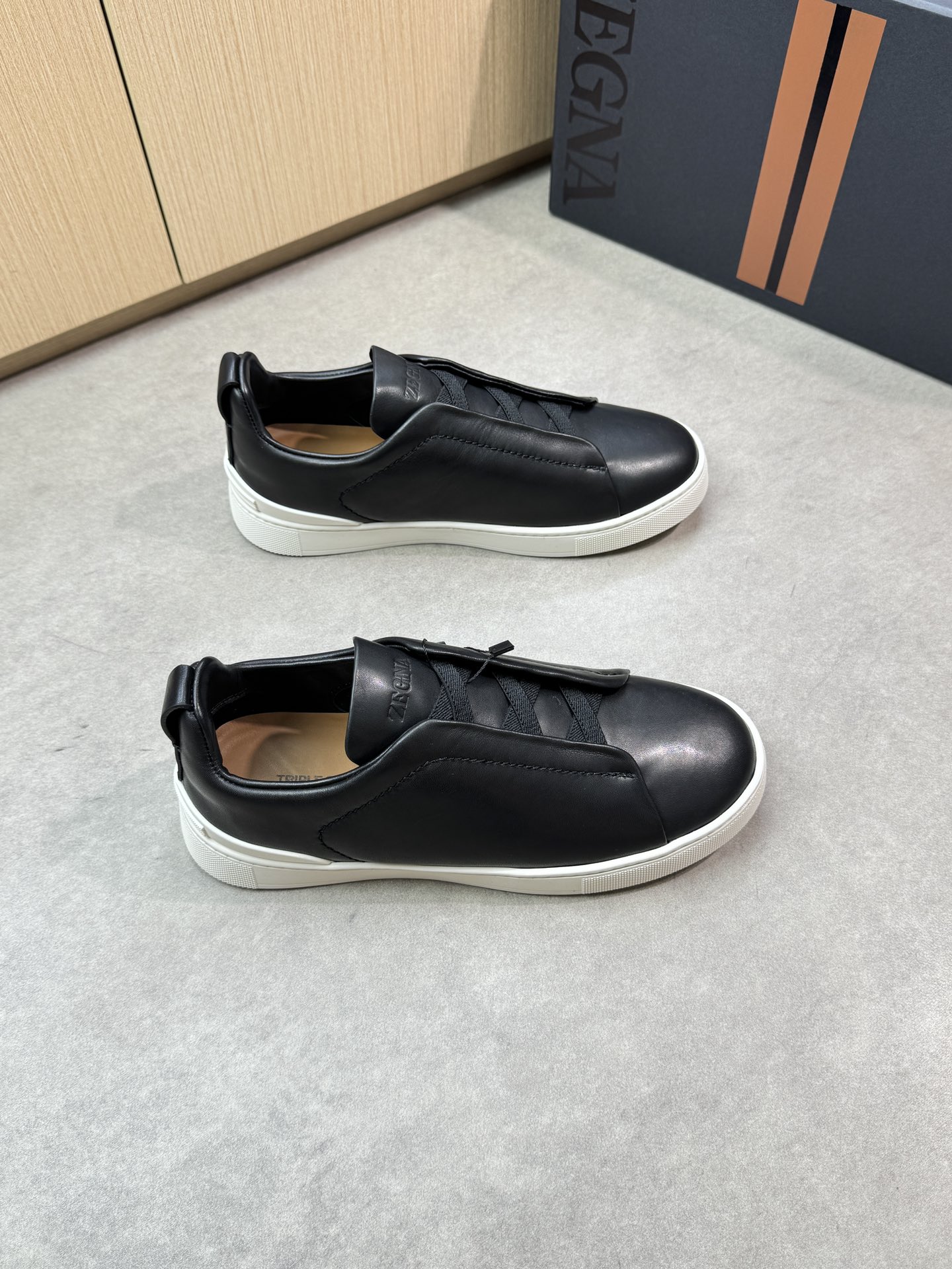 Zegna Leather Slip-On Sneakers, Black - Original Quality, Sizes 39-44
