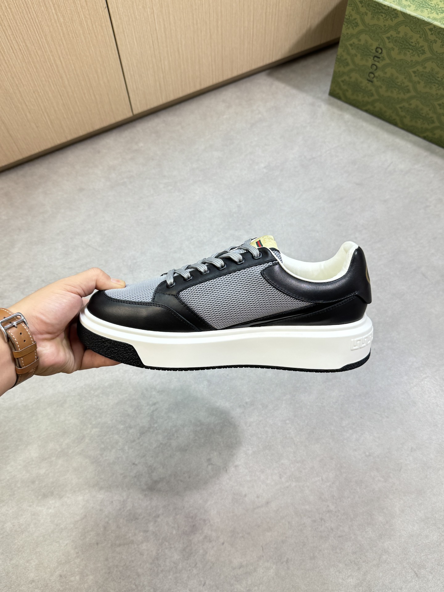 Gucci Men's Leather Trim Sneakers with GG Logo, Black and Grey 5 i1755017655 7150 4