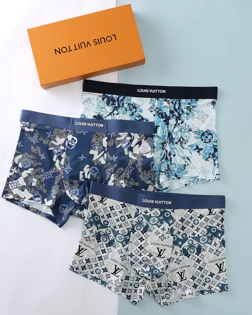 🔥🔥🔥LV  莫代尔数码印花面料爆款到货  一盒3条 ，3色  码数：L、XL、XXL、XXXL