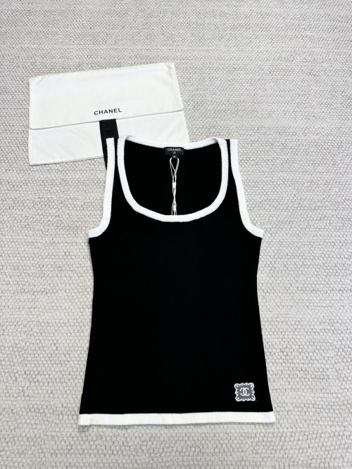 Chanel Women's Black & White Cotton Tank Top with Lace Logo, Sizes 36-40 1 Chanel Women's Black & White Cotton Tank Top with Lace Logo, Sizes 36-40