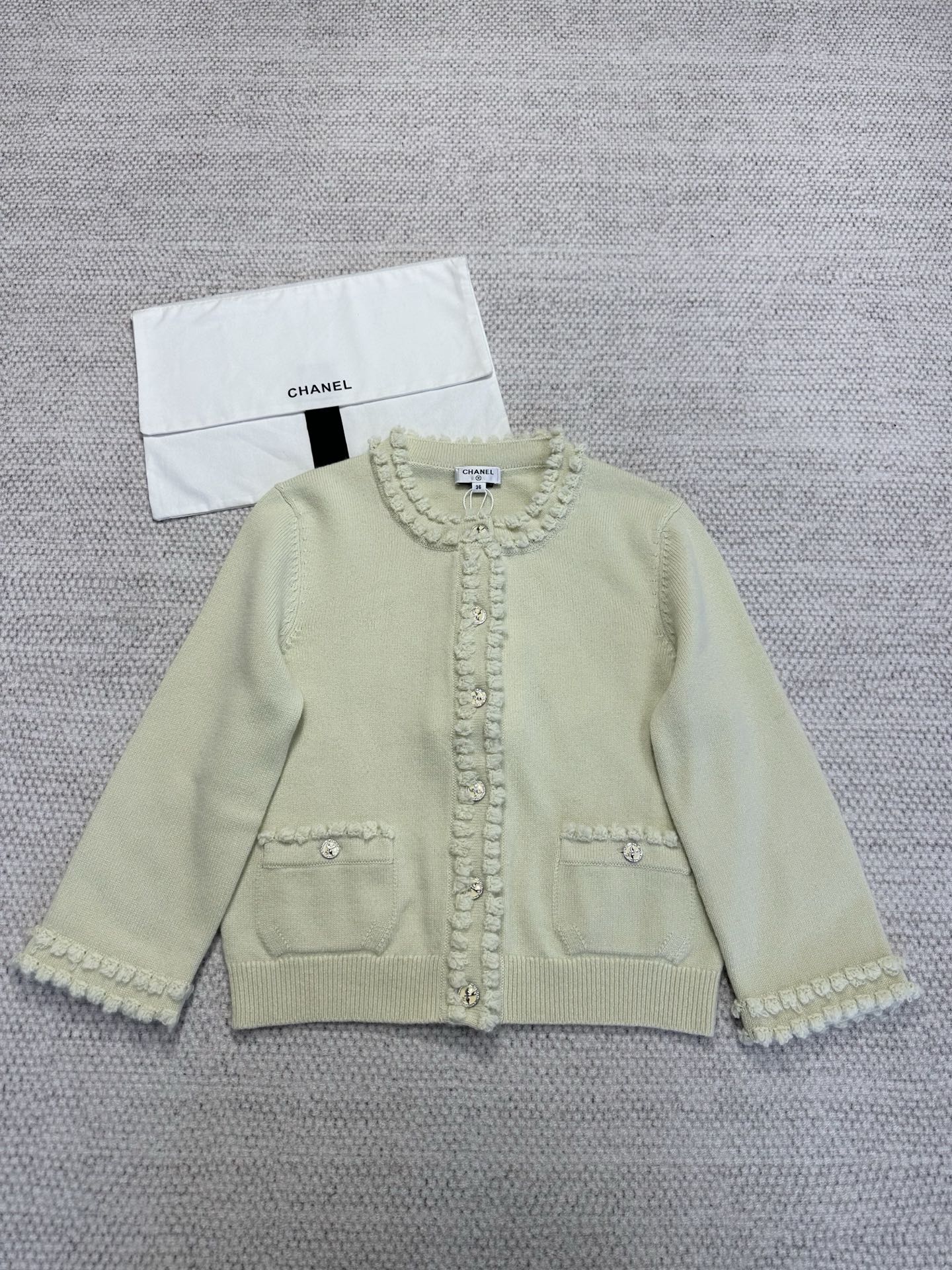 Chanel Cashmere Knit Cardigan with Ruffle Trim and Decorative Buttons