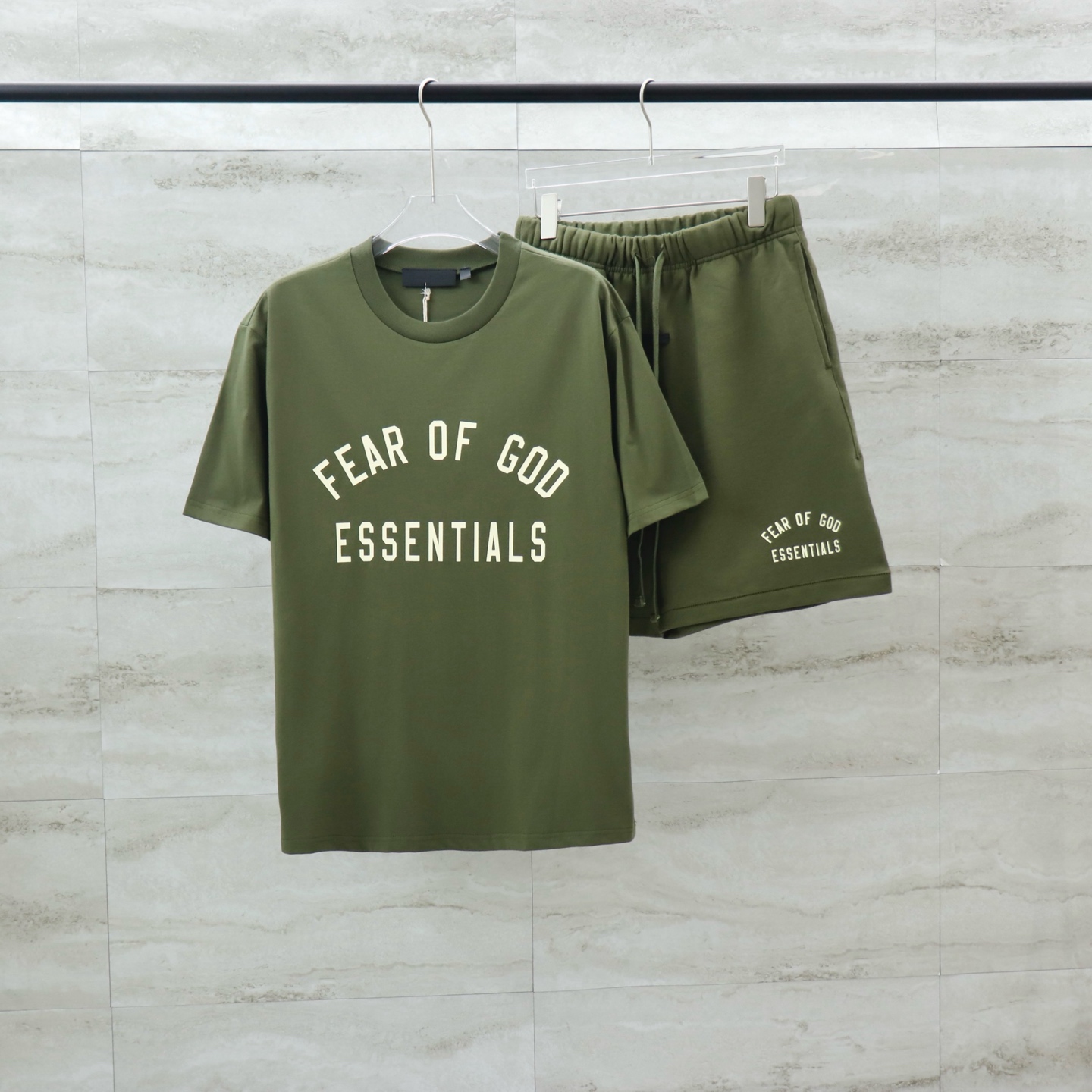 Fear of God Essentials Olive Green Graphic Print Sweat Shorts for Men and Women 3 i1740654116204 2487 0 8