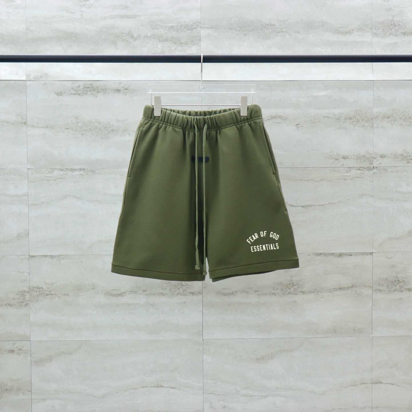 Fear of God Essentials Olive Green Graphic Print Sweat Shorts for Men and Women 1 i1740717460961 5415 0 1