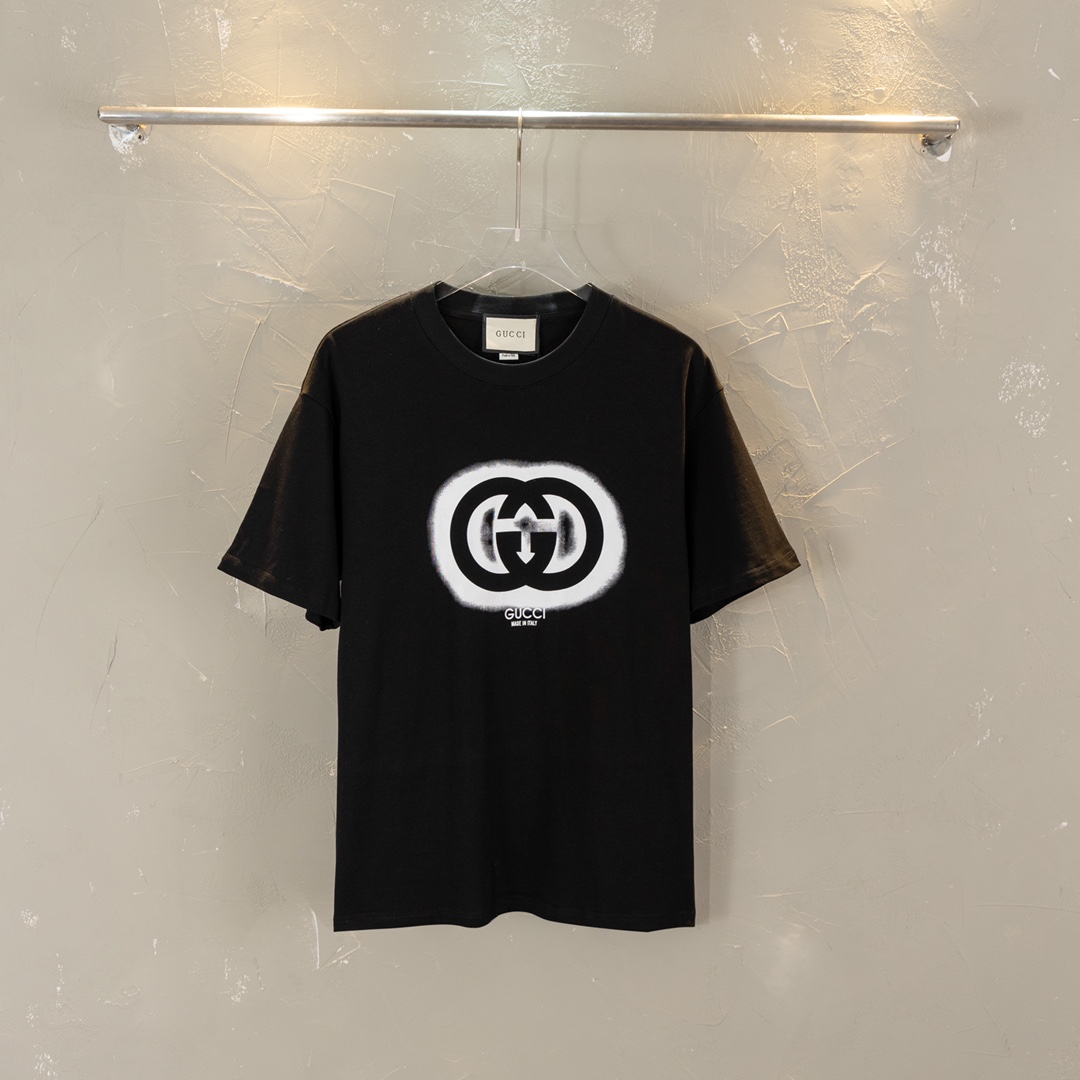 Gucci Clothing T-Shirt Black White Printing Unisex Cotton Short Sleeve