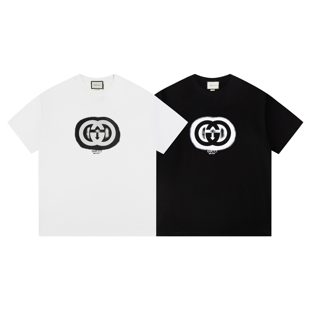 Gucci Clothing T-Shirt Black White Printing Unisex Cotton Short Sleeve