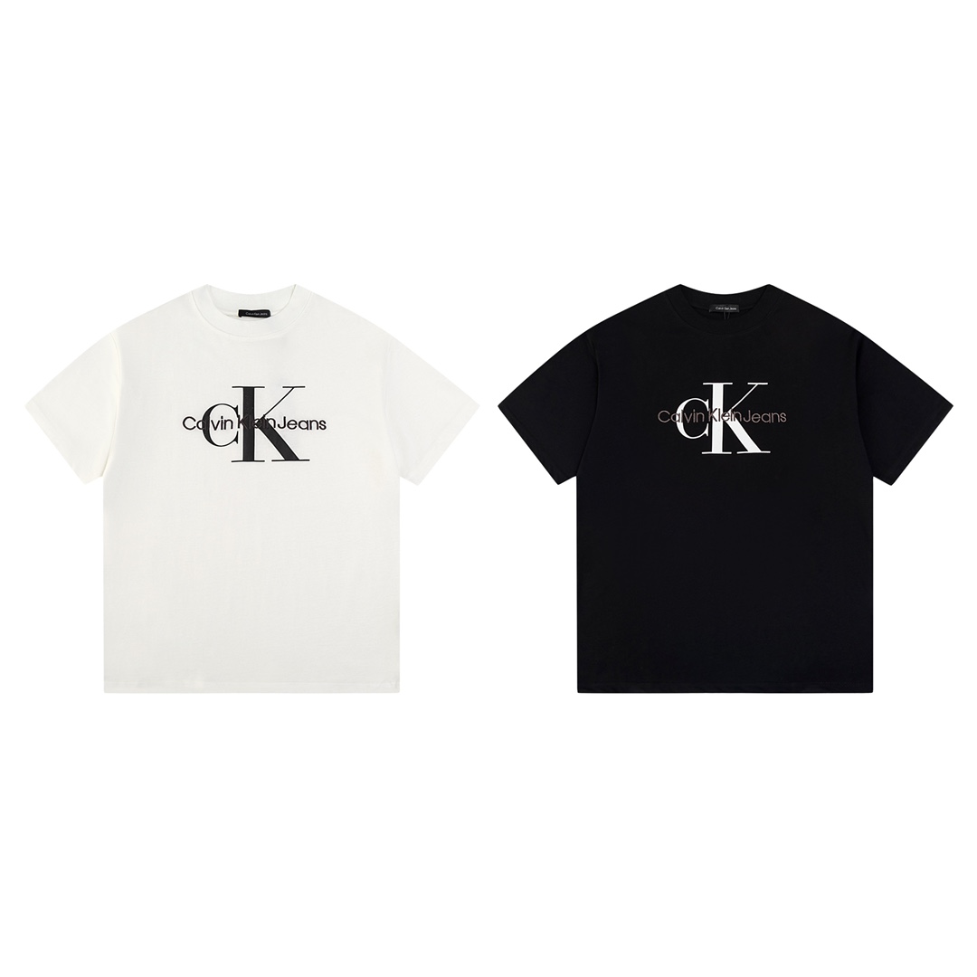 Calvin Klein Store
 Clothing T-Shirt Black White Embroidery Unisex Cotton Mercerized Silk Fashion Short Sleeve