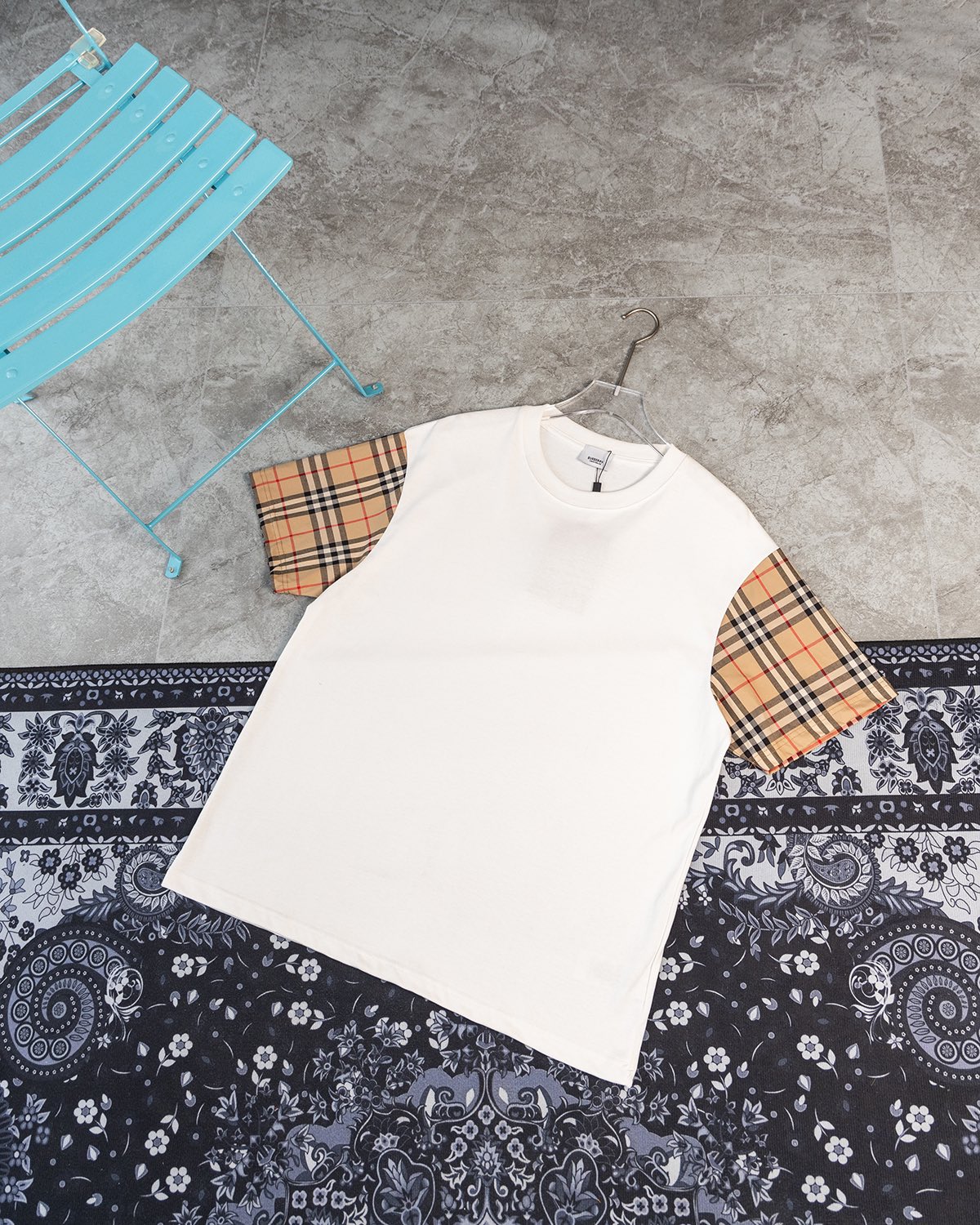 Burberry Clothing T-Shirt Black White Lattice Unisex Short Sleeve