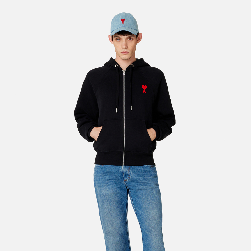 Ami Paris Heart Logo Zip-Up Hoodie Sweatshirt, Unisex Relaxed Fit