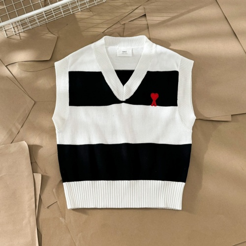 AMI Paris Unisex Striped Knit Vest with Heart Logo - Sleeveless Sweater 1 AMI Paris Unisex Striped Knit Vest with Heart Logo - Sleeveless Sweater