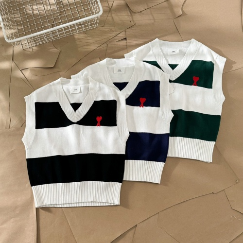 AMI Paris Striped Knit Vest with Embroidered Heart Logo - Unisex Style 1 AMI Paris Striped Knit Vest with Embroidered Heart Logo - Unisex Style