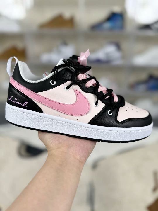 Nike Court Borough 2 Low-Top Sneakers - Black/Pink Leather - Women's Size