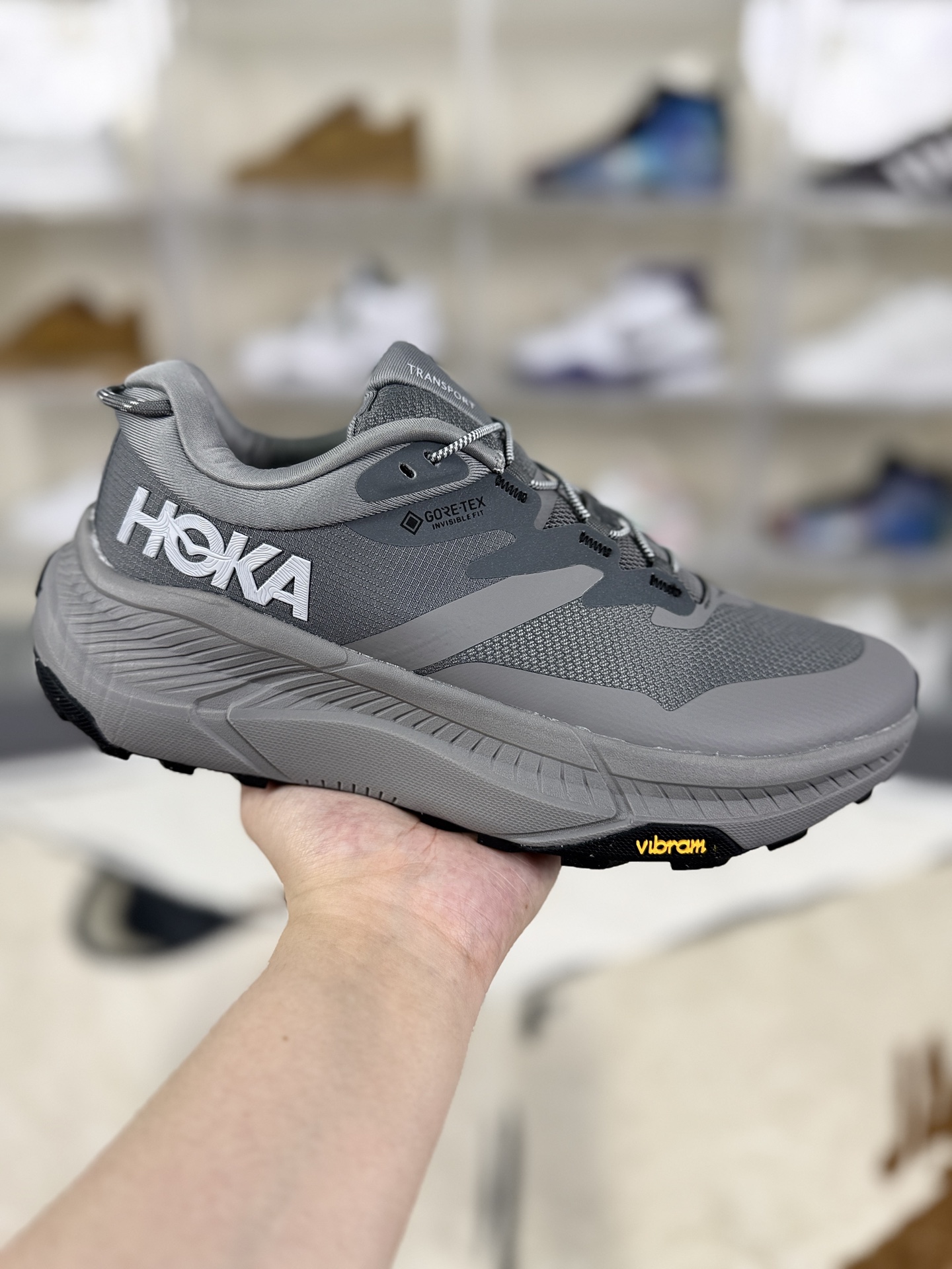 Hoka One One Transport GTX Gray Low-Top Running Shoes - Shock Absorption