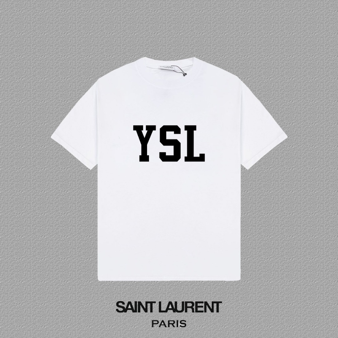 High-End YSL St. Roland Velvet Letter Short Sleeve T-Shirts in Black and White. - 图片 1