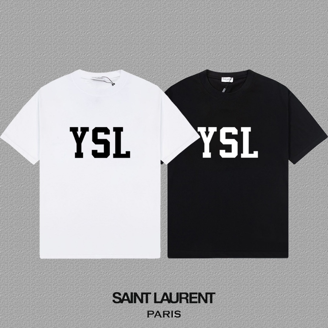 High-End YSL St. Roland Velvet Letter Short Sleeve T-Shirts in Black and White. - 图片 3