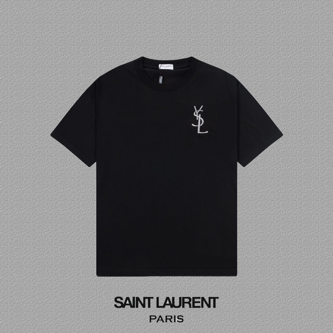 Luxury YSL St. Roland Short Sleeve T-Shirt with Classic Embroidery in Black and White - 图片 1