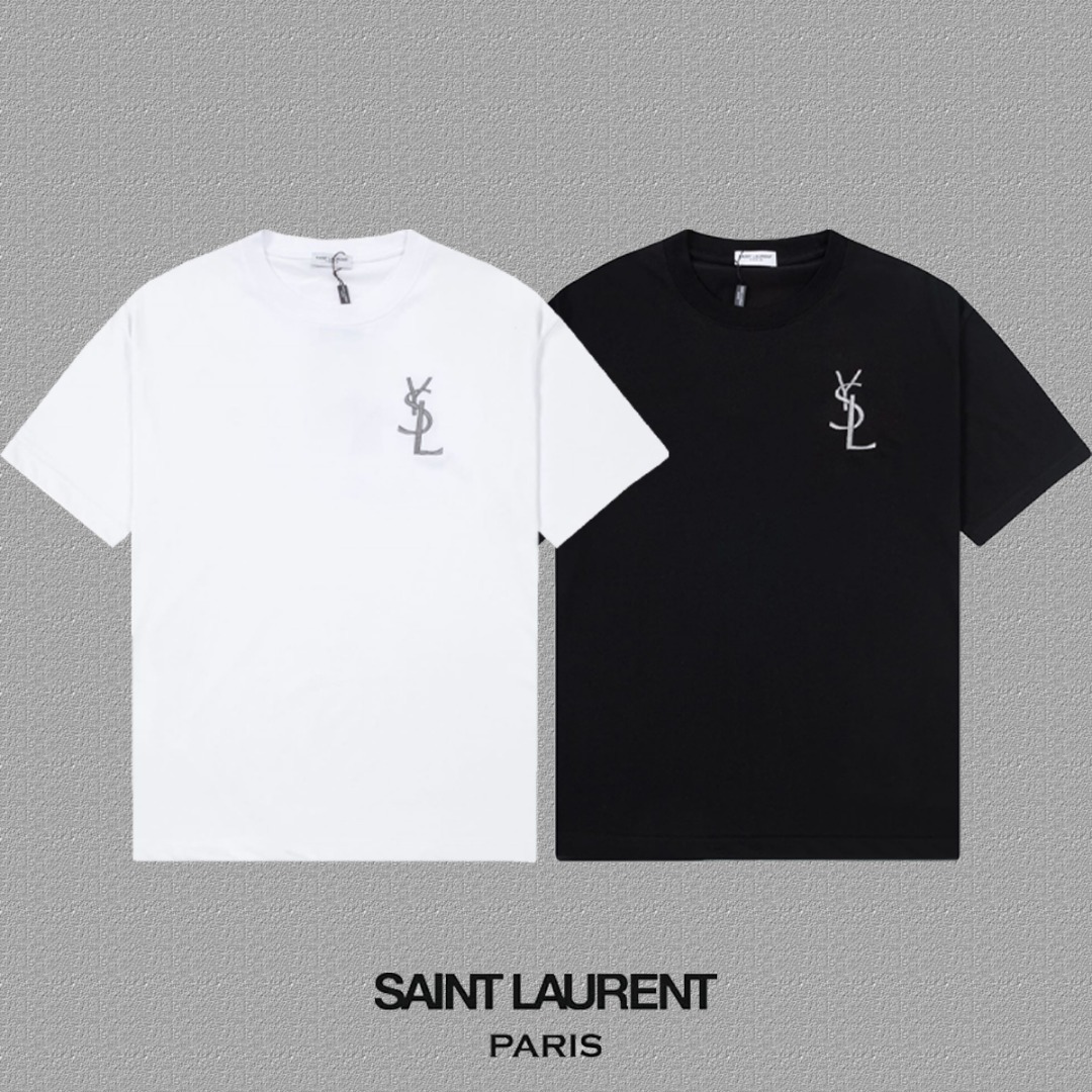 Luxury YSL St. Roland Short Sleeve T-Shirt with Classic Embroidery in Black and White - 图片 3